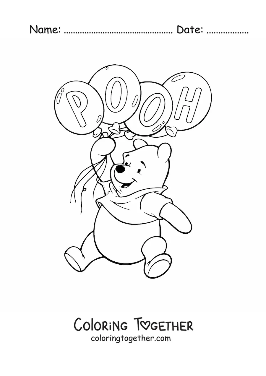 Coloring page of Winnie the Pooh floating while holding balloons with his name on them