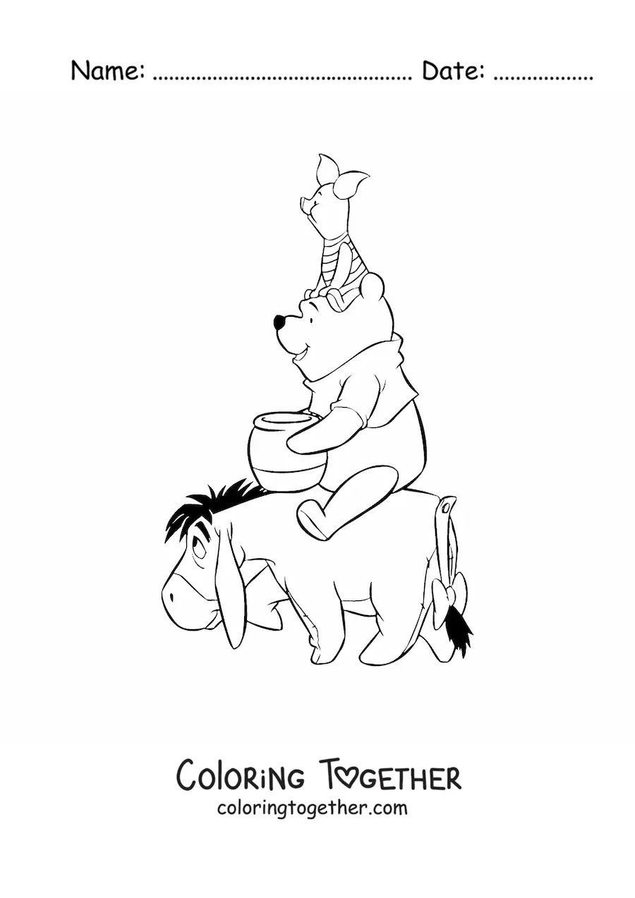 Coloring page of Pooh sitting on Eeyore with Piglet sitting on his head