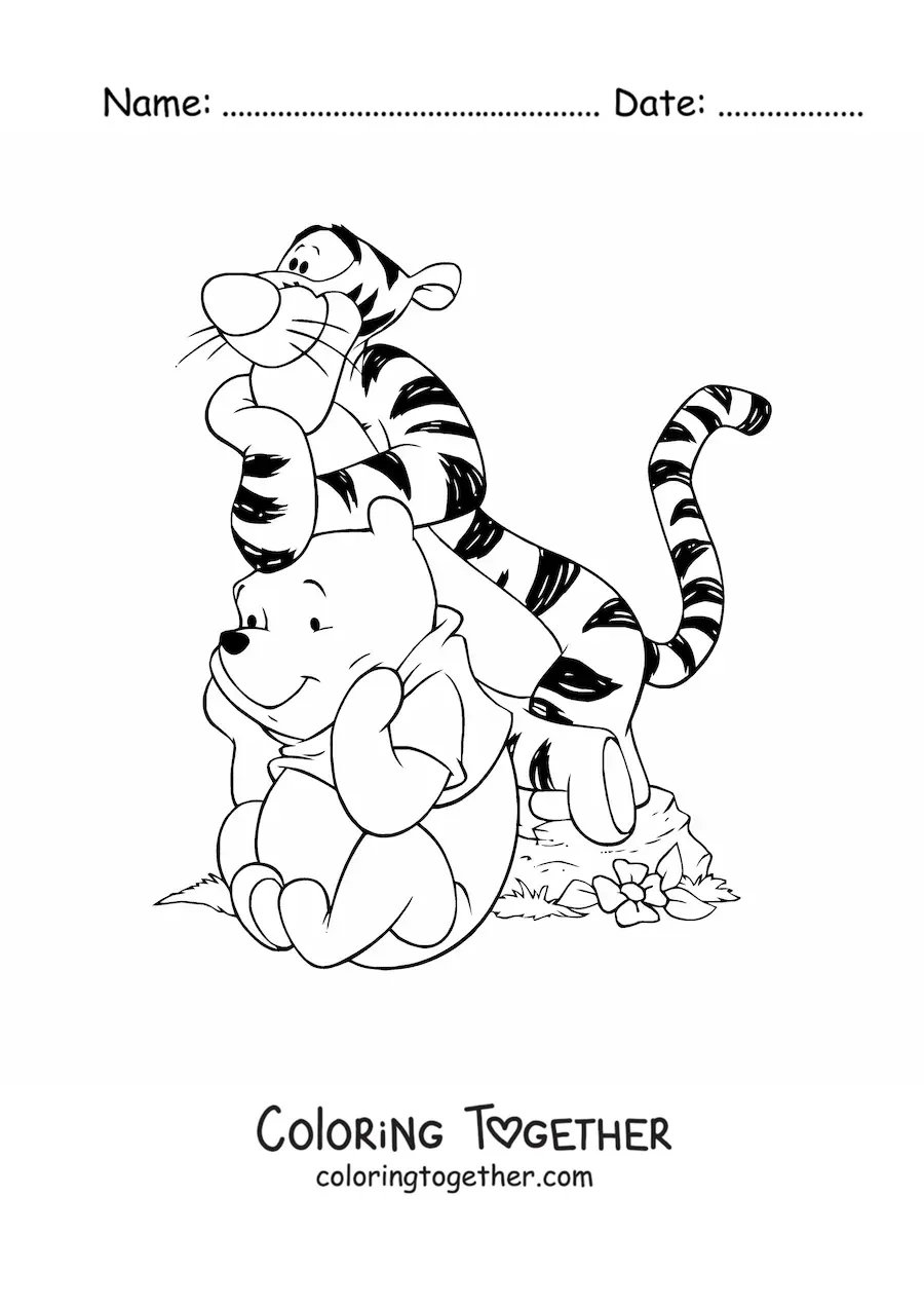 Coloring page of Tigger leaning on the head of a seated Pooh