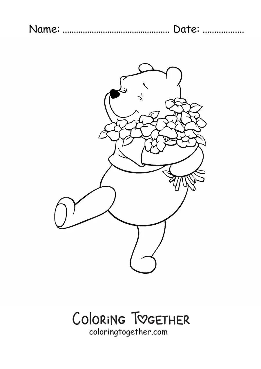 Coloring page of a happy Winnie the Pooh hugging some flowers