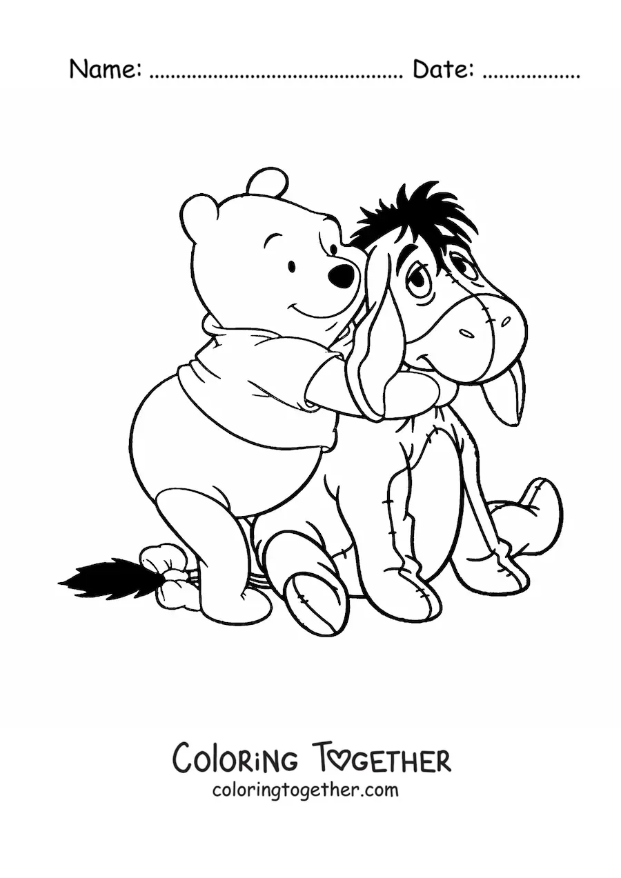 Coloring page of Pooh hugging Eeyore