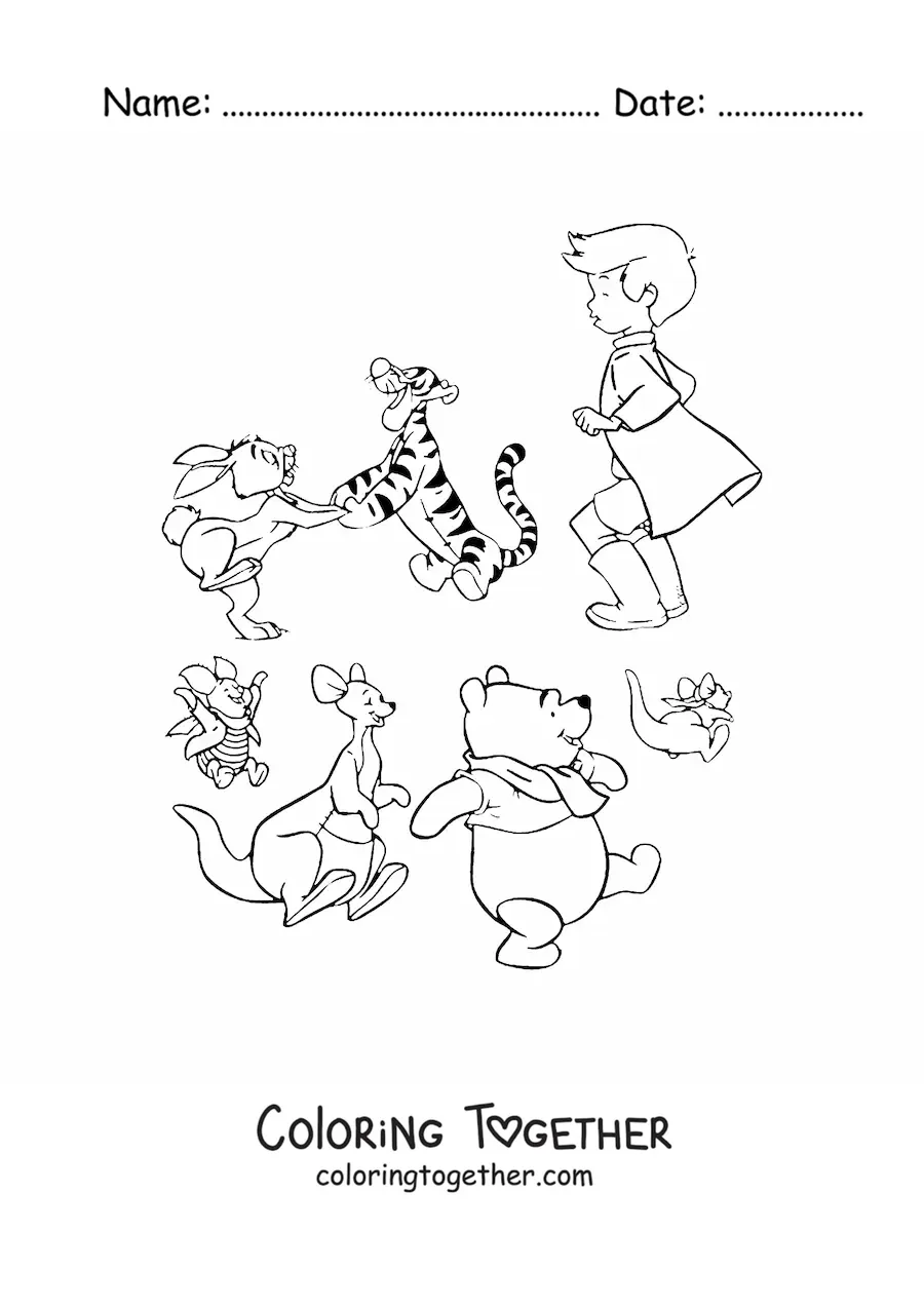 Coloring page of Pooh's friends playing together