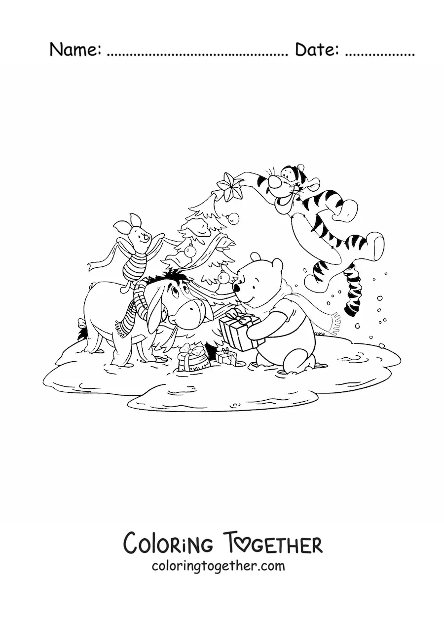 Coloring page of Pooh with his friends decorating a Christmas tree