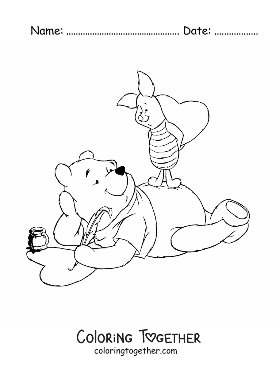 Coloring page of Pooh with Piglet drawing hearts