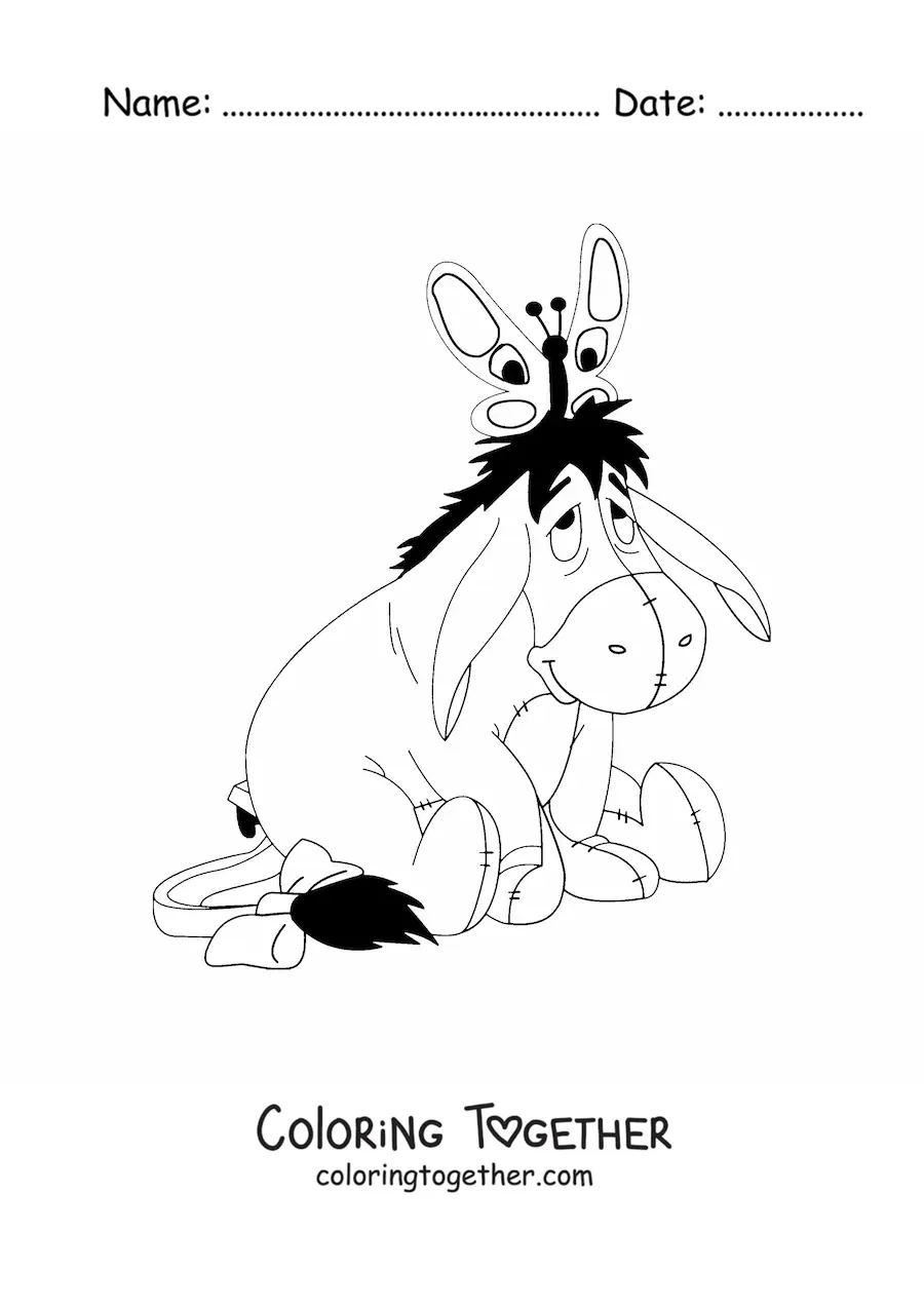 Coloring page of Eeyore sitting with a butterfly on his head