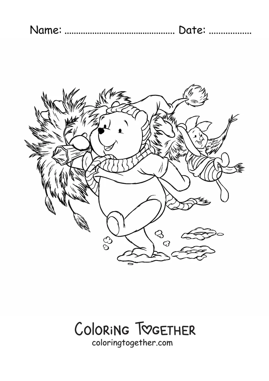 Coloring page of Piglet and Pooh carrying a Christmas tree