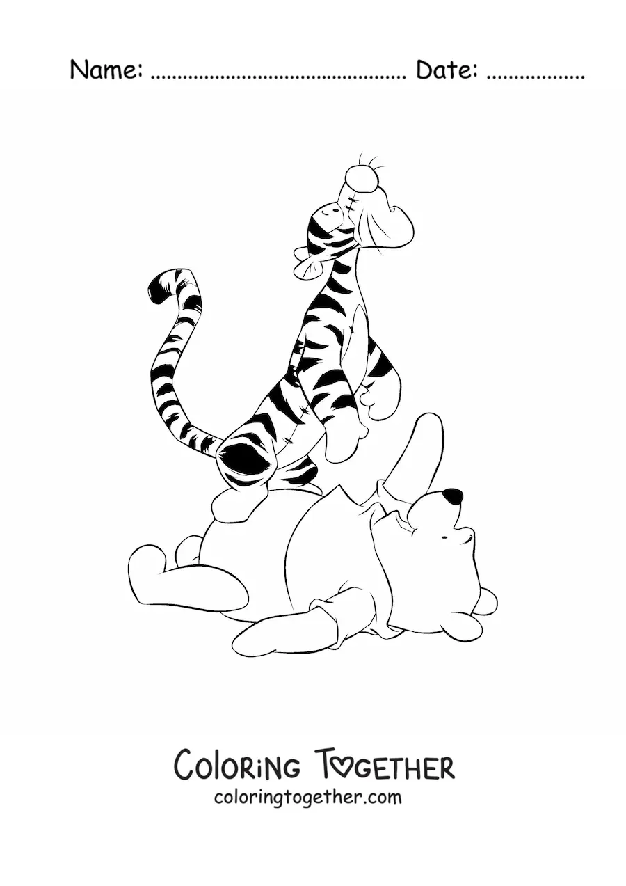 Coloring page of Tigger roaring while sitting on the belly of Pooh lying down