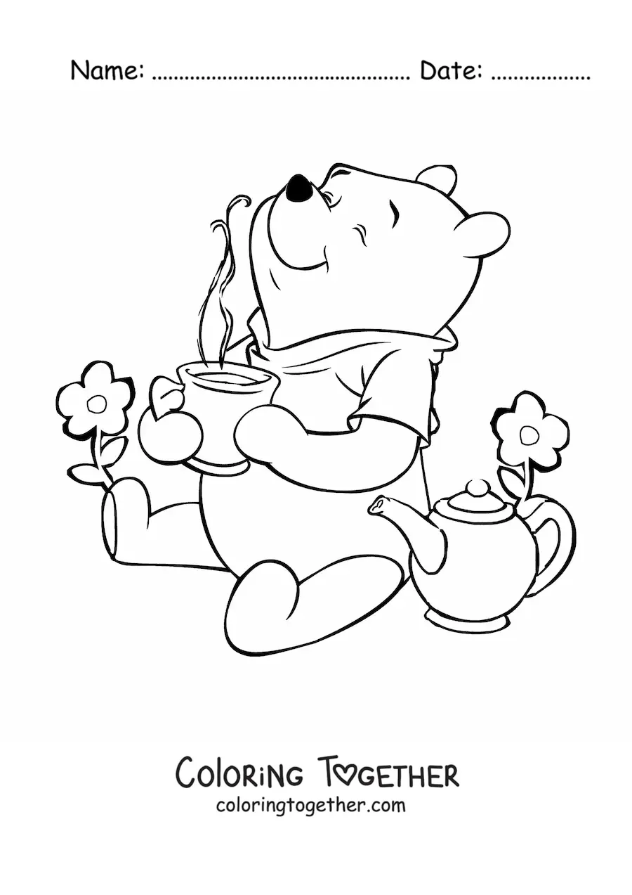 Coloring page of Winnie the Pooh having tea beside some flowers
