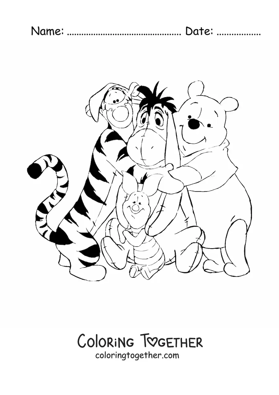 Coloring page of Winnie the Pooh's friends in a group hug