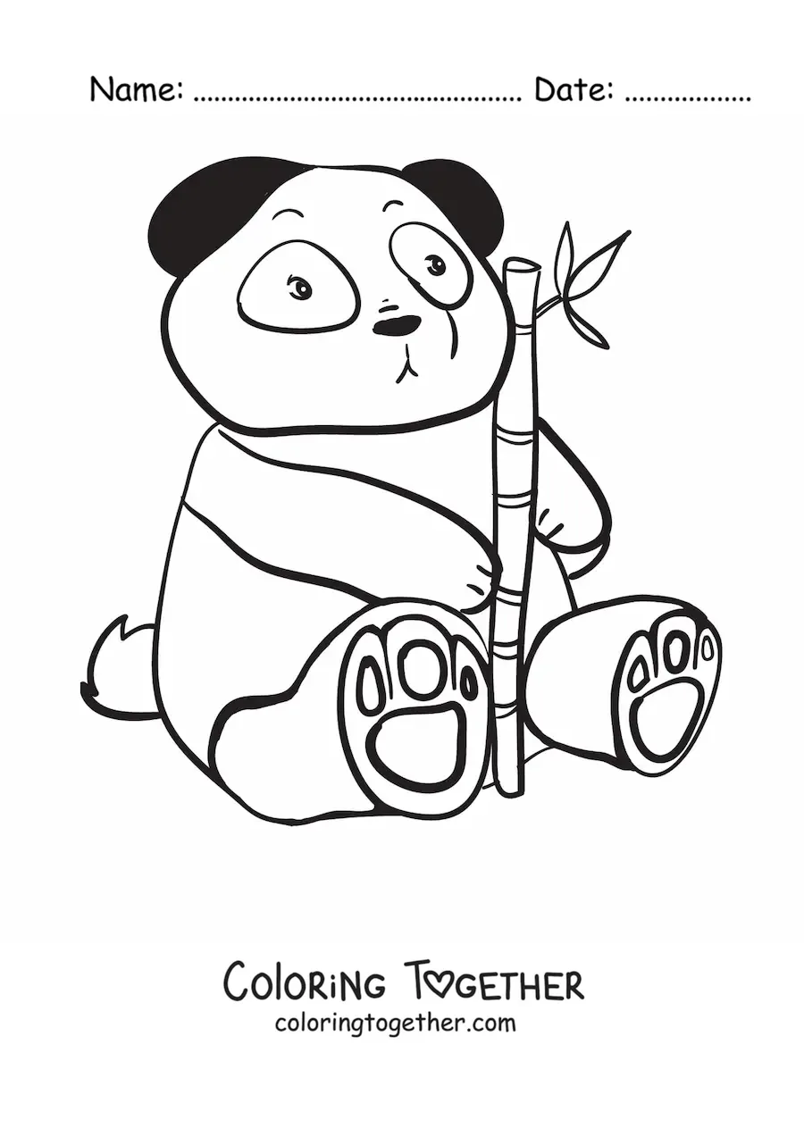 Coloring page of a kawaii panda bear sitting and holding a bamboo branch