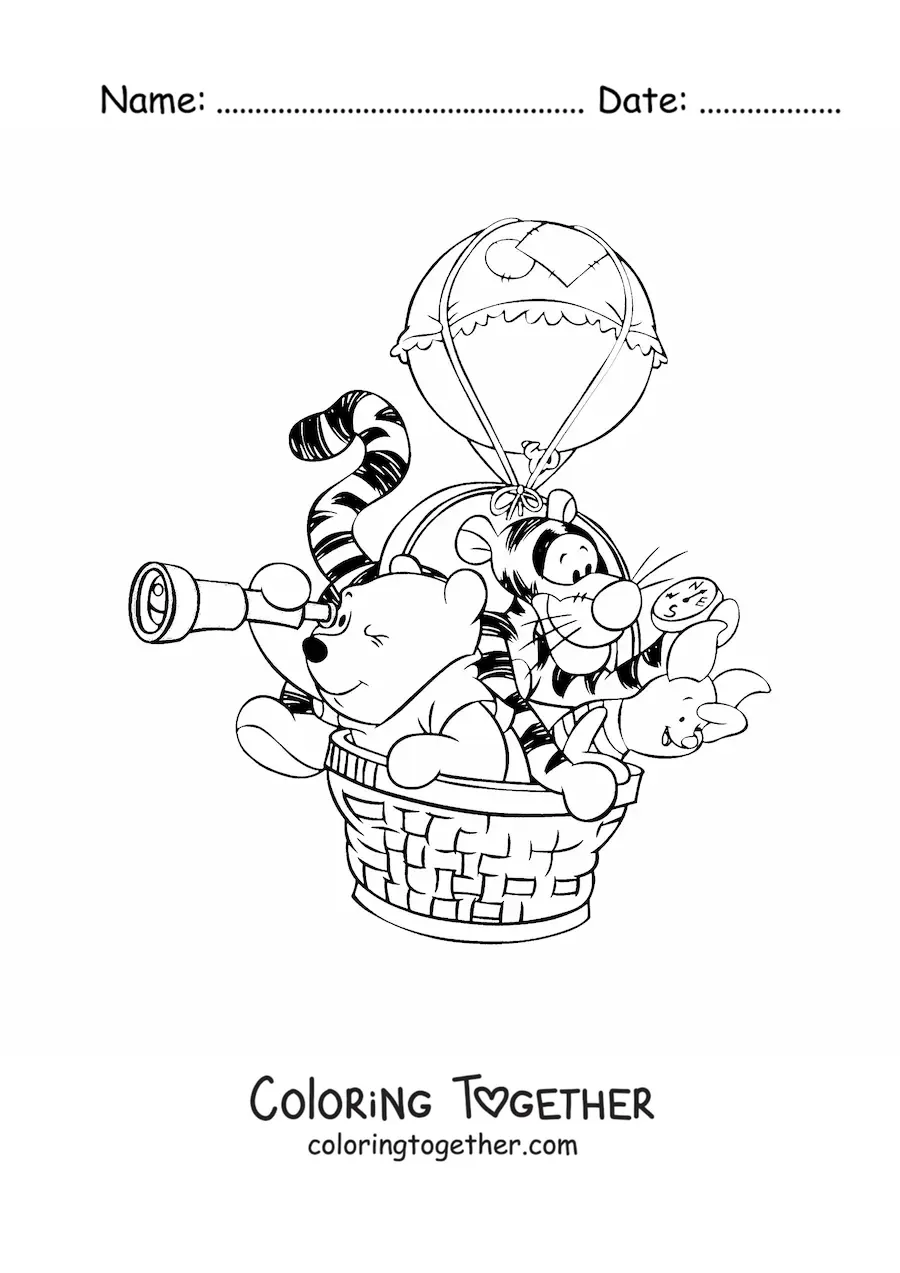 Coloring page of Pooh, Tigger and Piglet traveling in a hot air balloon with a telescope and a compass