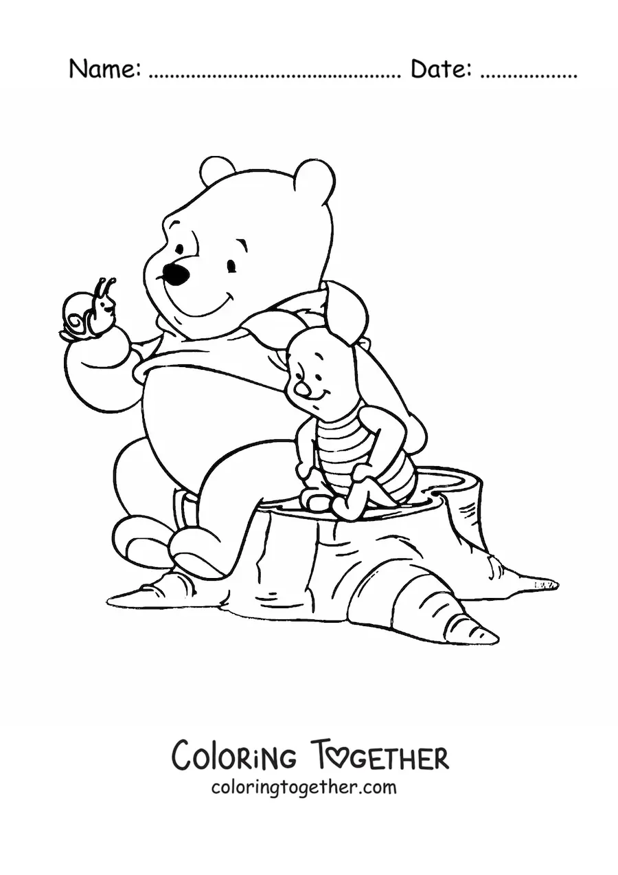 Coloring page of Pooh sitting on a log holding a snail next to Piglet