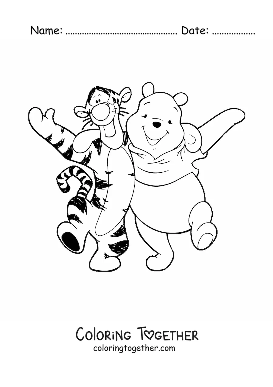 Coloring page of Pooh and Tigger walking arm in arm, happy