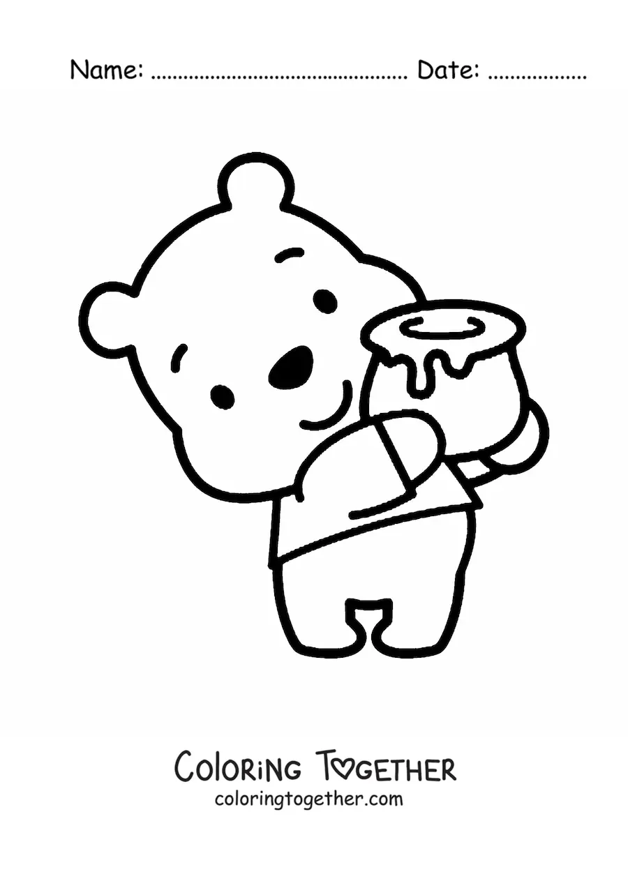 Coloring page of kawaii Winnie the Pooh holding a jar of honey