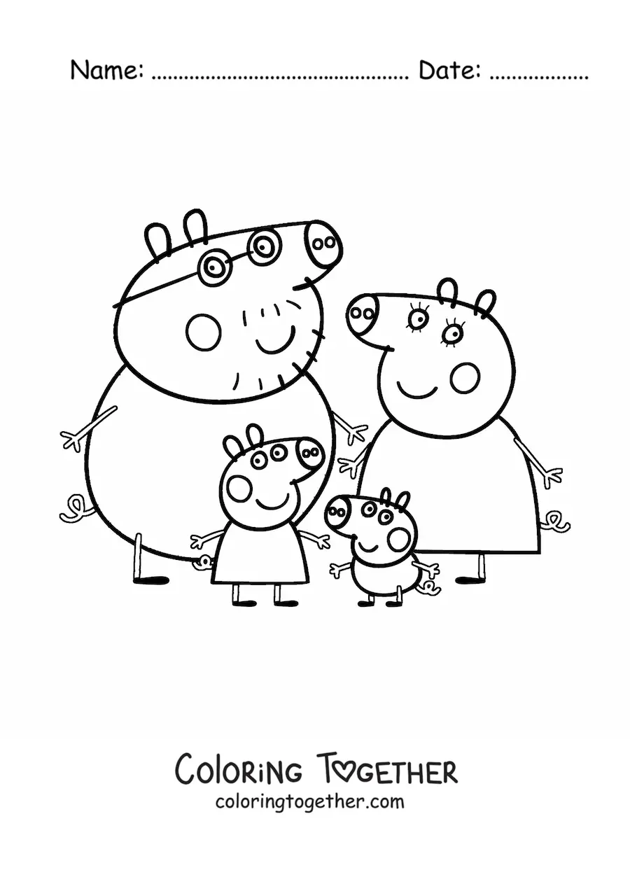 Coloring page of Peppa with her parents and her brother