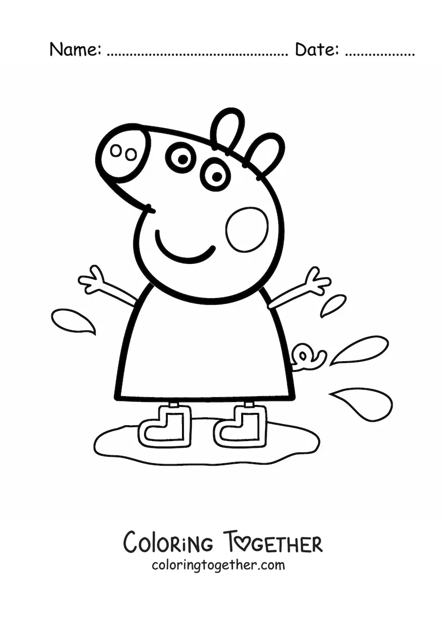 Coloring page of Peppa wearing boots and stepping in a mud puddle