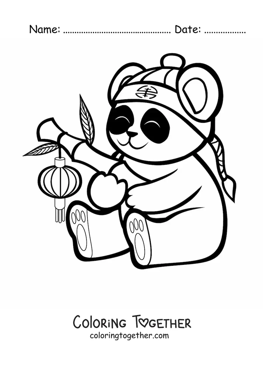 Coloring page of a kawaii panda bear sitting with a bandana on its head and a piece of bamboo