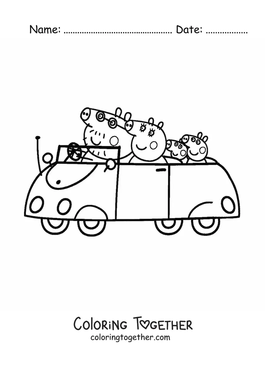 Coloring page of Peppa with her family going for a drive in the car