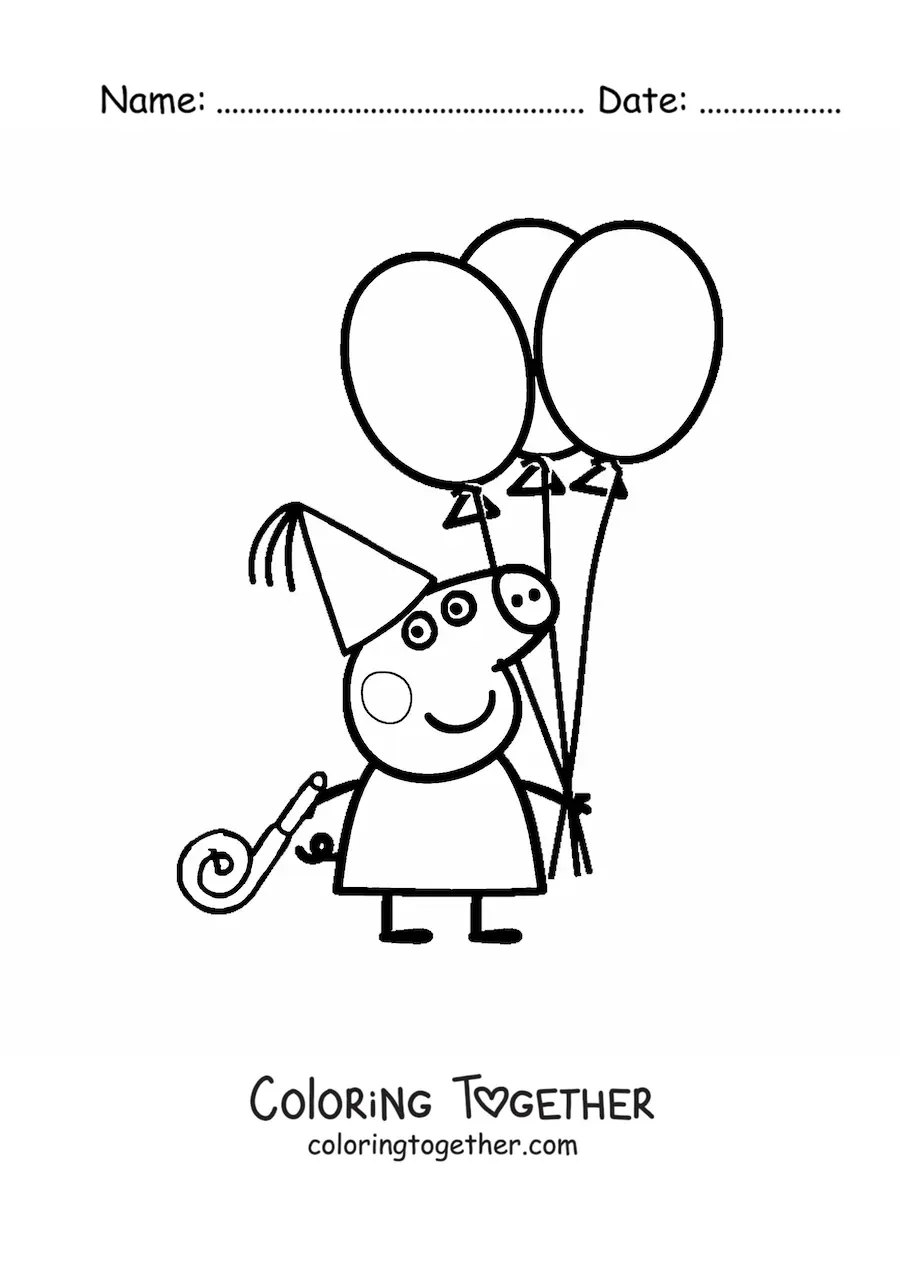Coloring page of Peppa wearing a party hat and holding several balloons