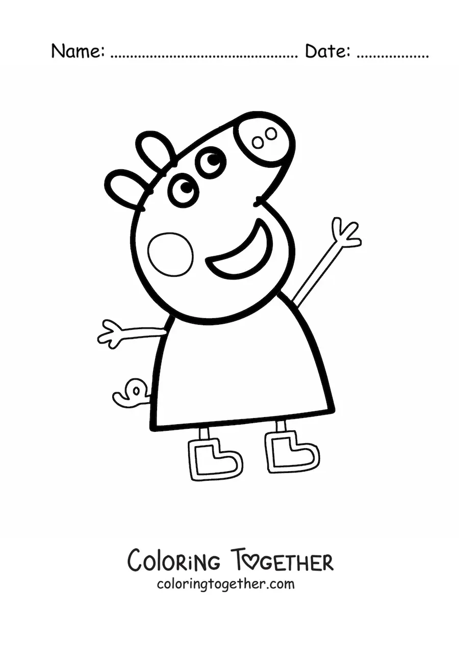 Coloring page of Peppa smiling and raising her arms happily