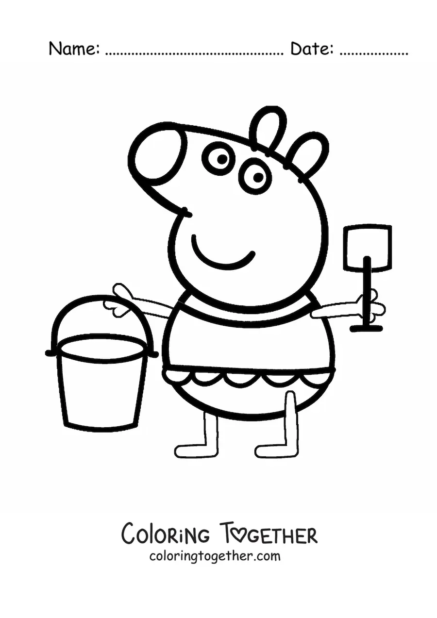 Coloring page of Peppa wearing a swimsuit and holding a bucket and a sand shovel