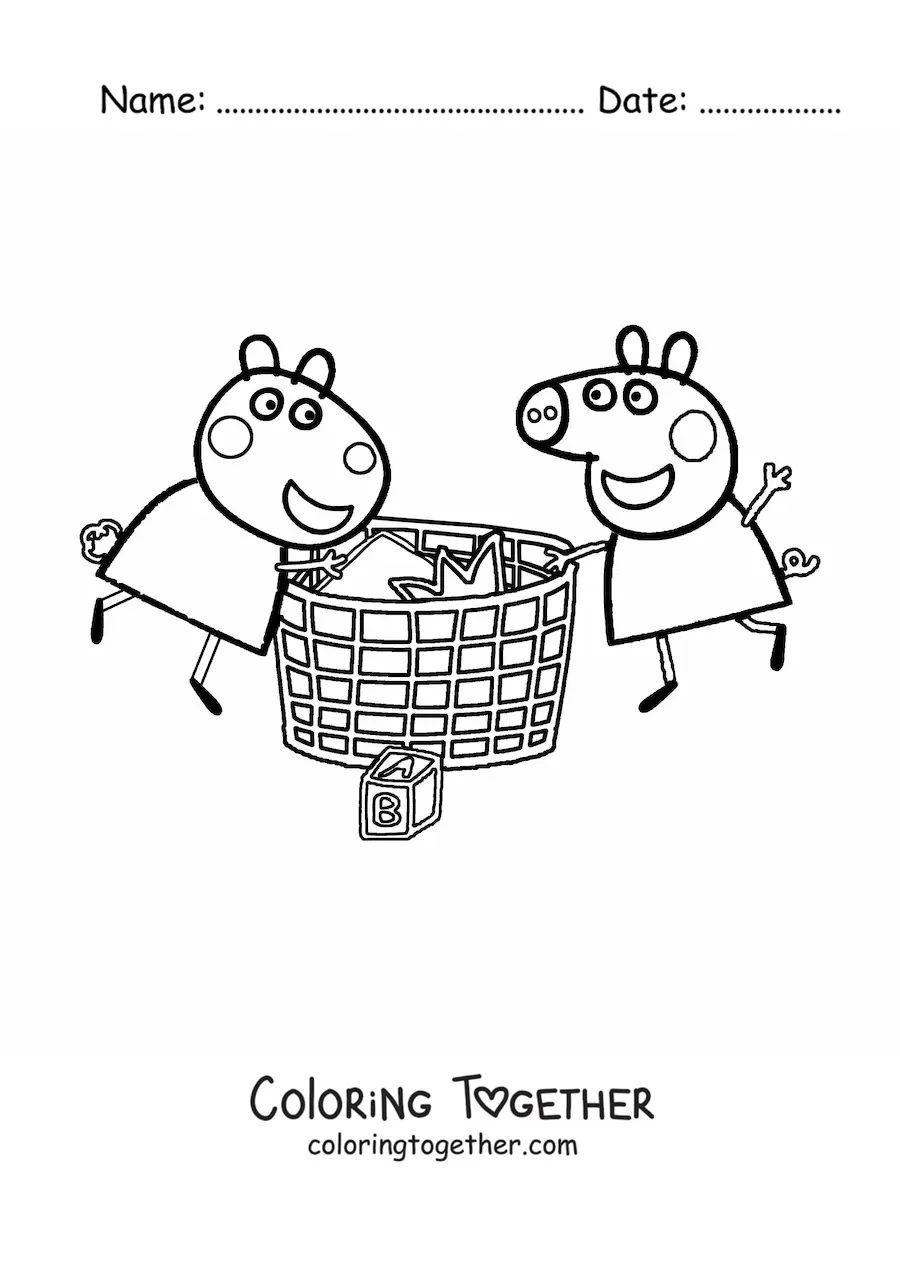 Coloring page of Peppa and Suzy looking through things inside a big basket