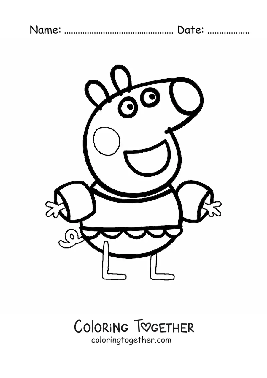 Coloring page of a happy Peppa wearing a swimsuit and floaties
