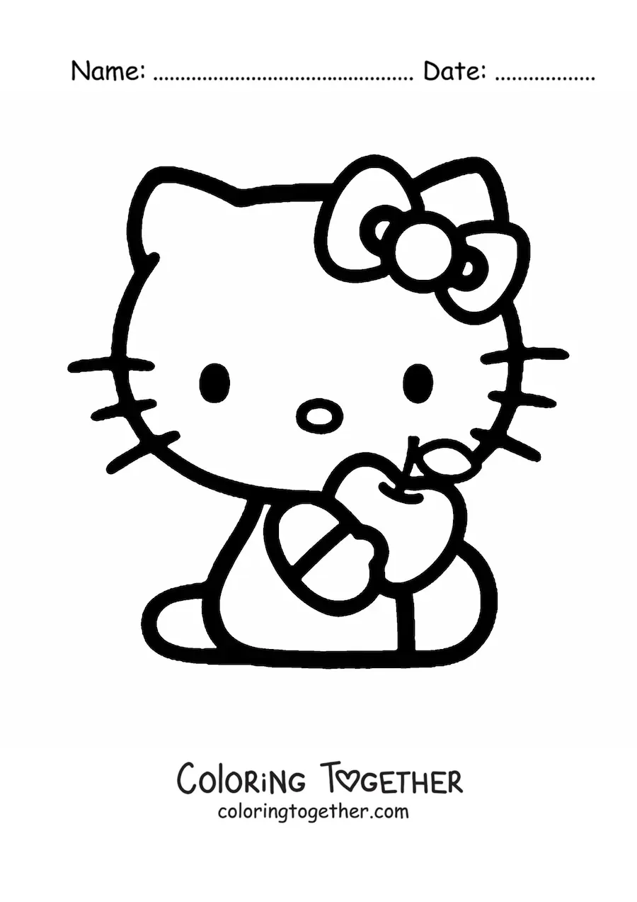 Coloring page of Hello Kitty holding an apple