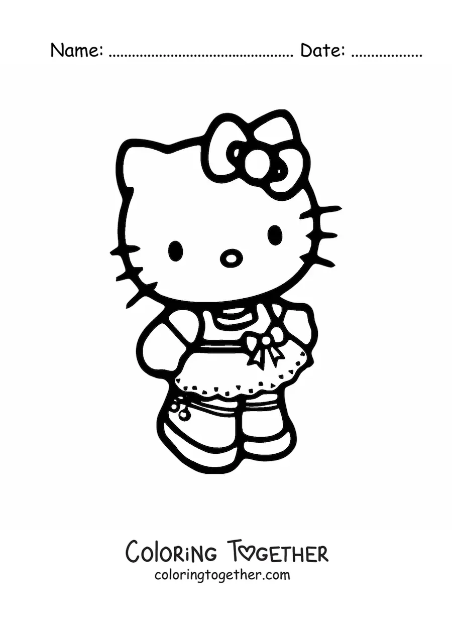 Coloring page of Hello Kitty wearing a dress