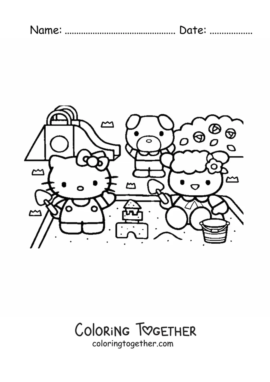 Coloring page of Hello Kitty playing with her friends in the park sandbox