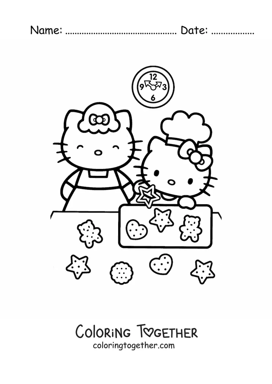 Coloring page of Hello Kitty baking cookies with her mom