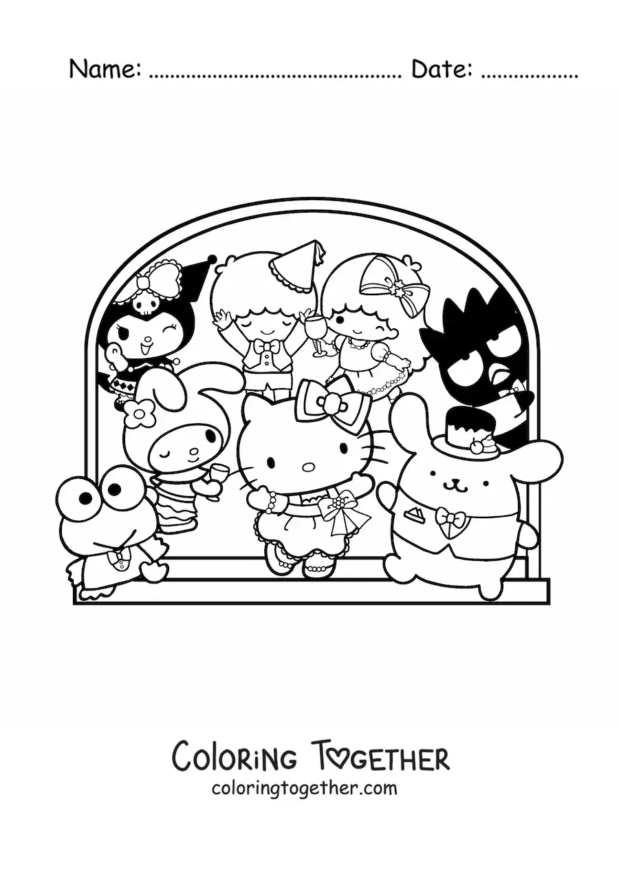 Coloring page of Hello Kitty with several of her Sanrio friends