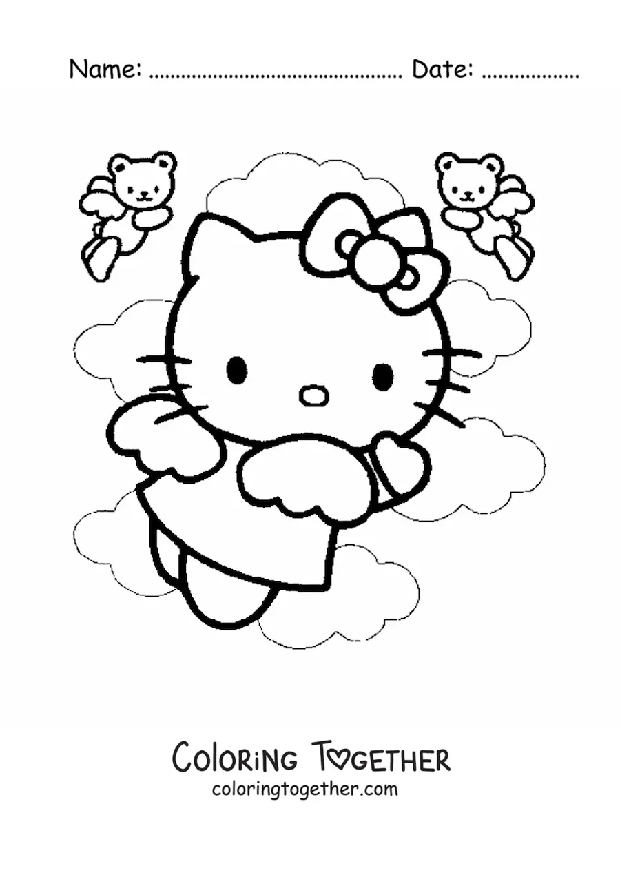Coloring page of Hello Kitty dressed as an angel among the clouds with two little angel bears