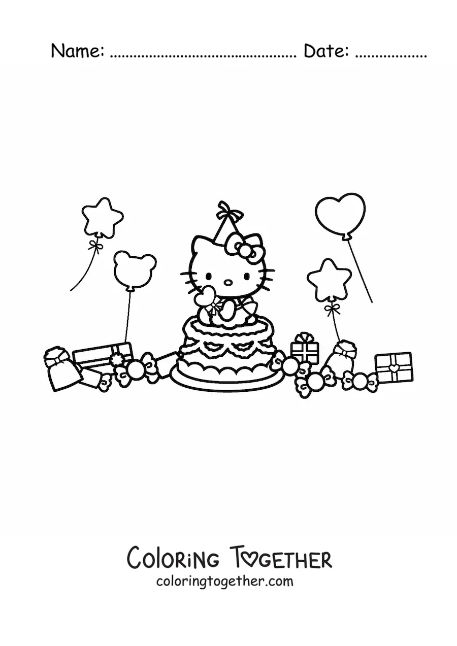Coloring page of Hello Kitty on a birthday cake surrounded by balloons and gifts