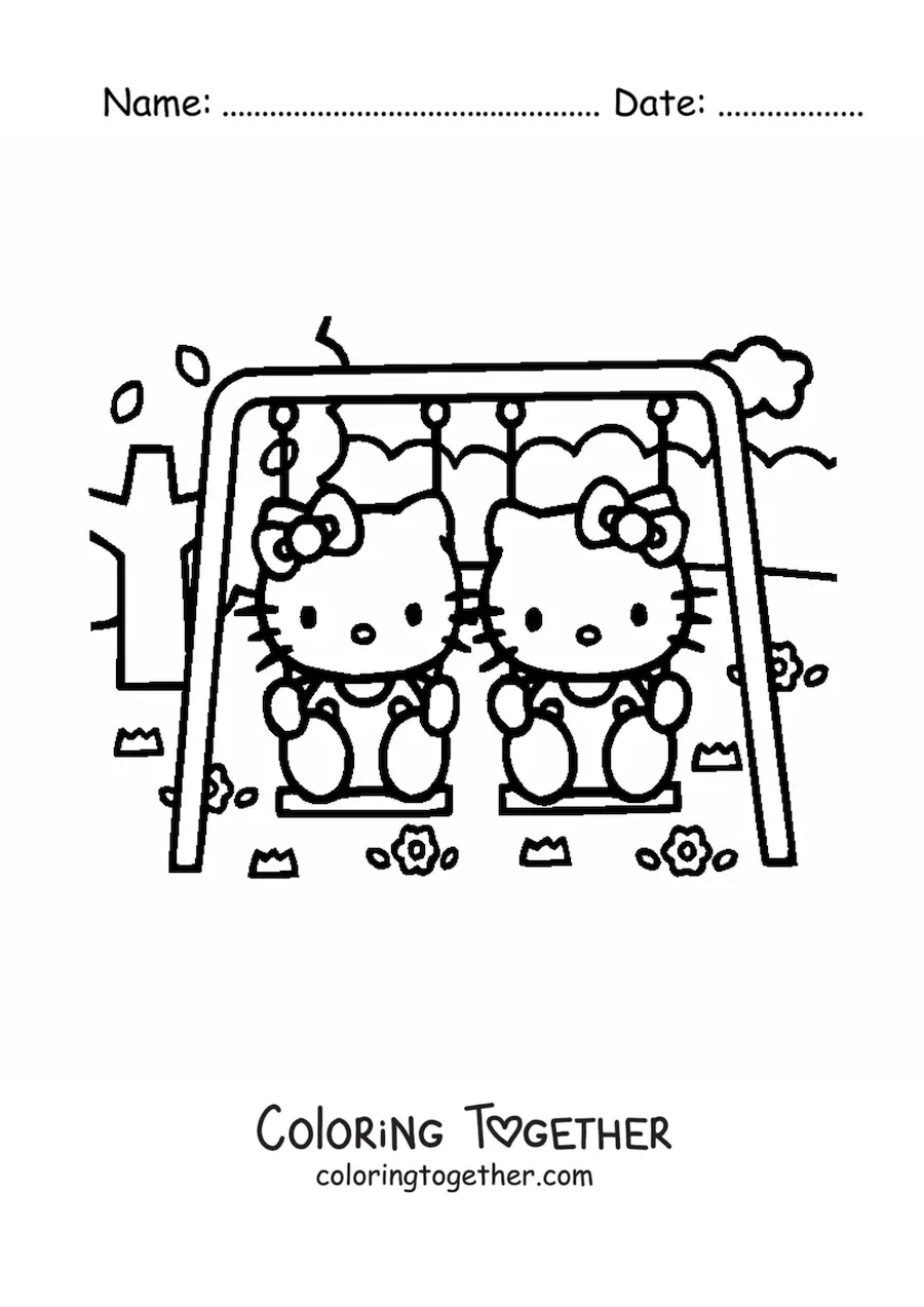 Coloring page of Hello Kitty sitting next to her sister on a swing