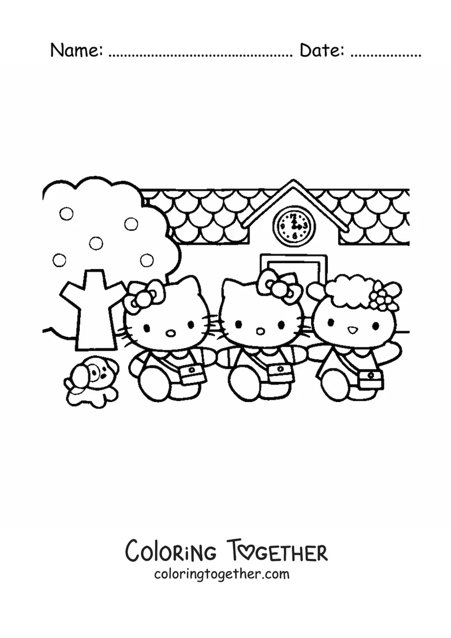 Coloring page of Hello Kitty with her friends in front of the school building