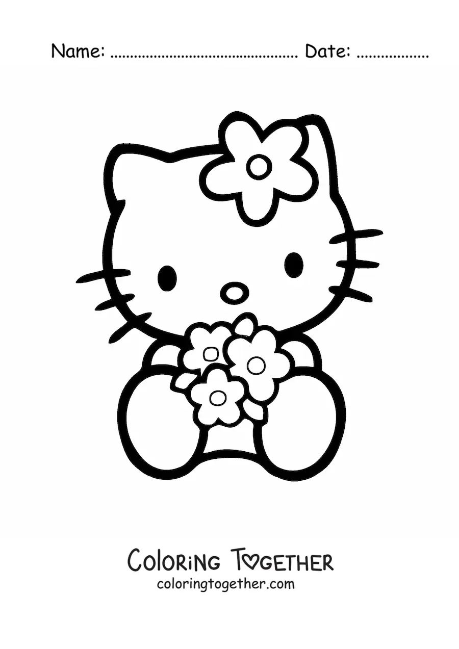 Coloring page of Hello Kitty sitting and holding a bouquet of flowers
