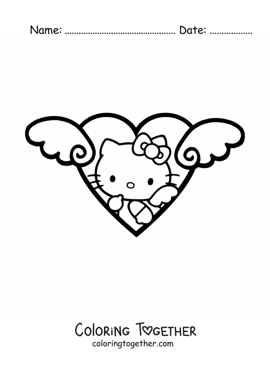 Coloring page of Hello Kitty dressed as an angel inside a heart with wings