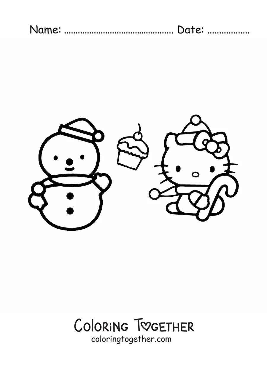 Coloring page of Hello Kitty dressed for Christmas next to a snowman