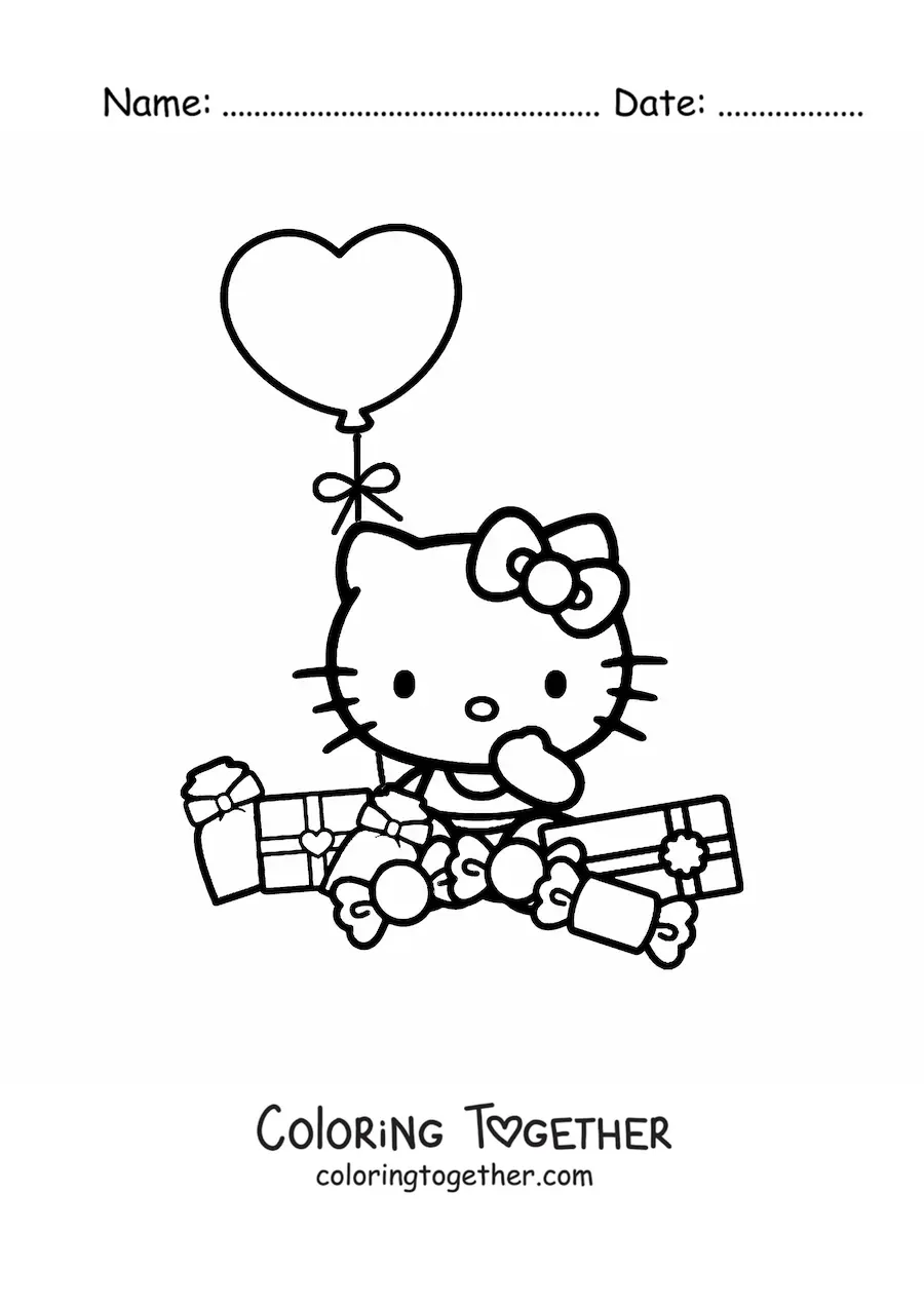 Coloring page of Hello Kitty sitting surrounded by gifts and a balloon