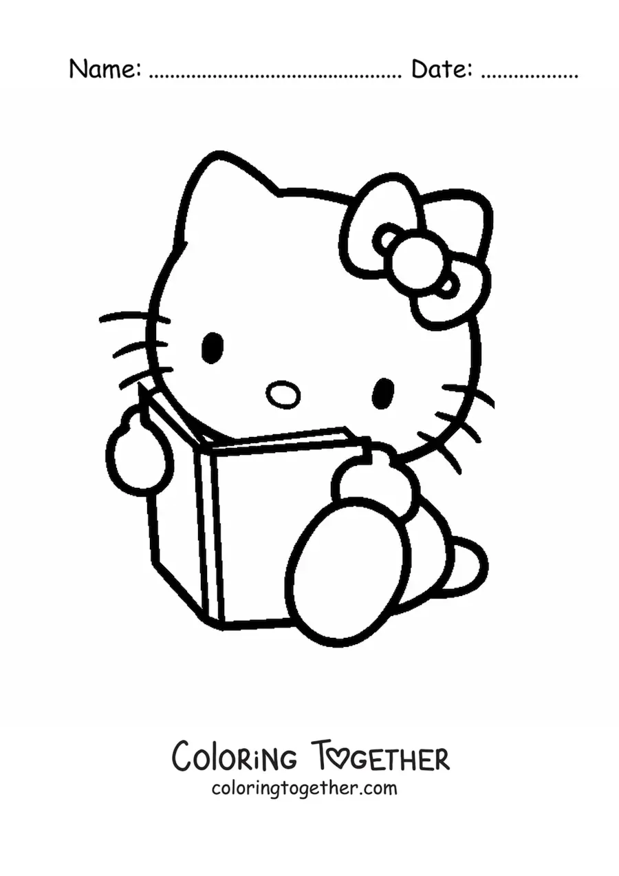 Coloring page of Hello Kitty sitting and reading a book