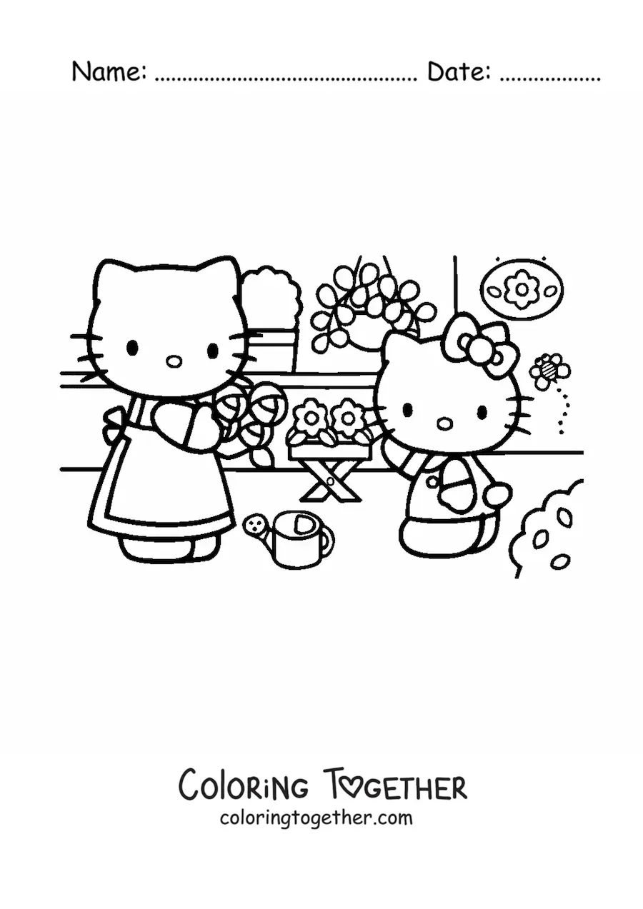 Coloring page of Hello Kitty arranging flowers with her mom