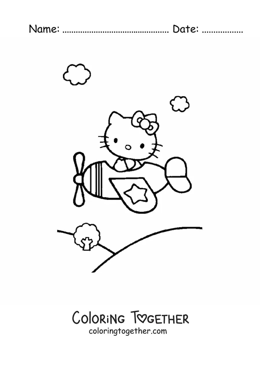 Coloring page of Hello Kitty piloting a plane over a mountain landscape