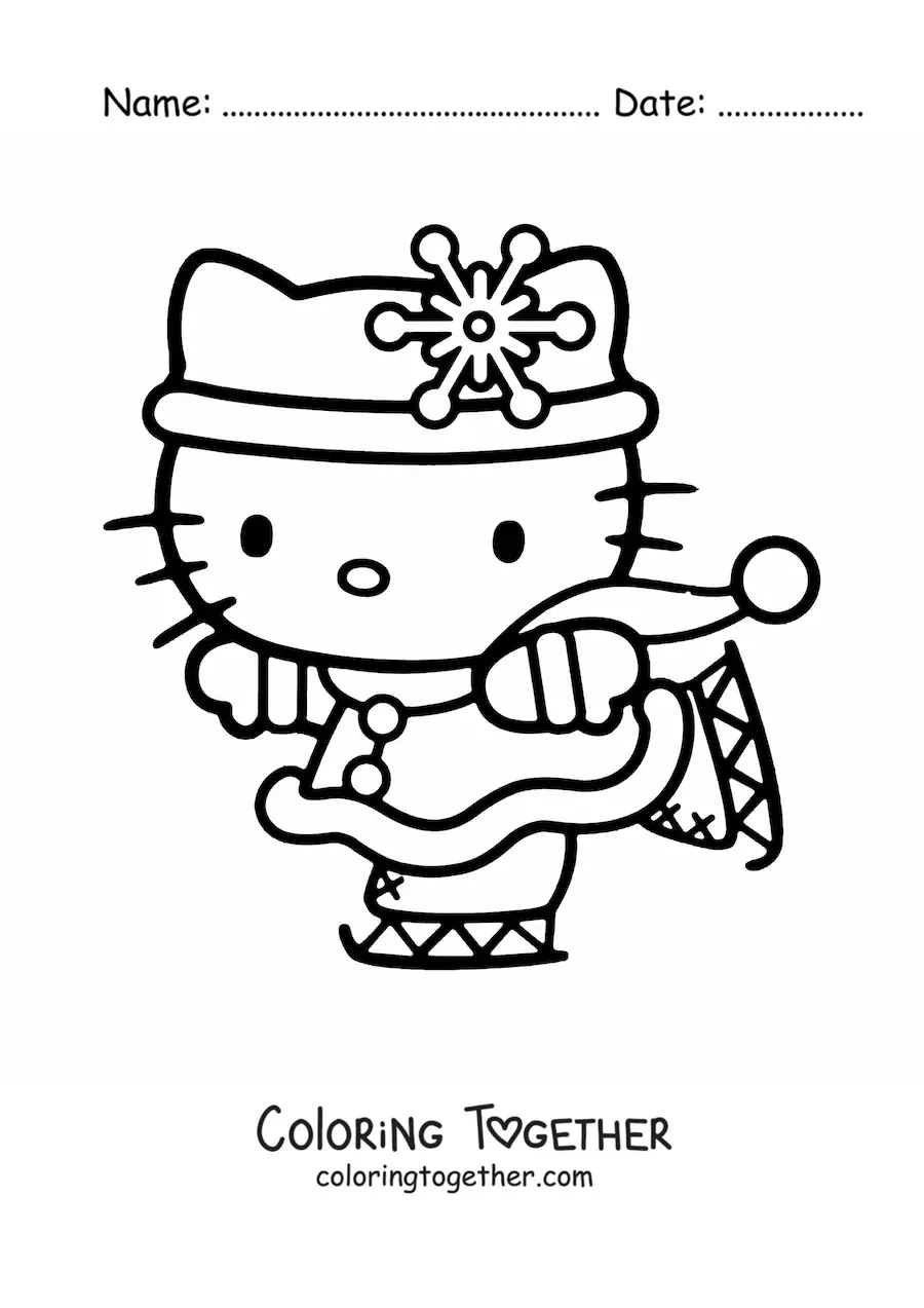 Coloring page of Hello Kitty ice skating with a snowflake decoration
