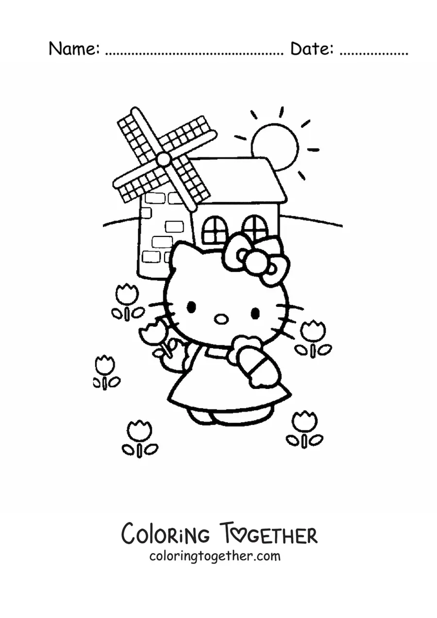 Coloring page of Hello Kitty in a garden next to a windmill
