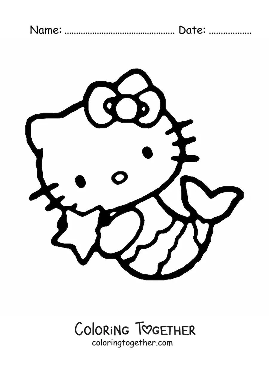 Coloring page of Hello Kitty as a mermaid holding a star in her hands