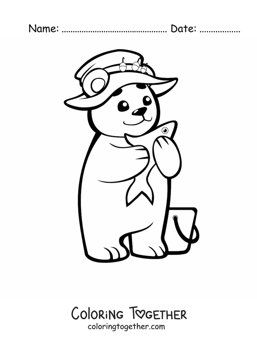 Coloring page of a cartoon kawaii baby bear with a hat fishing