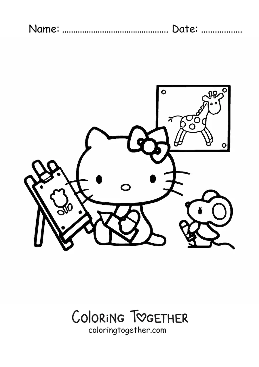 Coloring page of Hello Kitty painting on an easel next to a little mouse