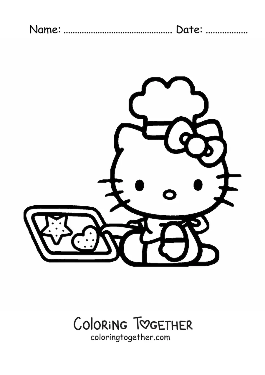 Coloring page of Hello Kitty in a chef's hat holding a tray of freshly baked cookies