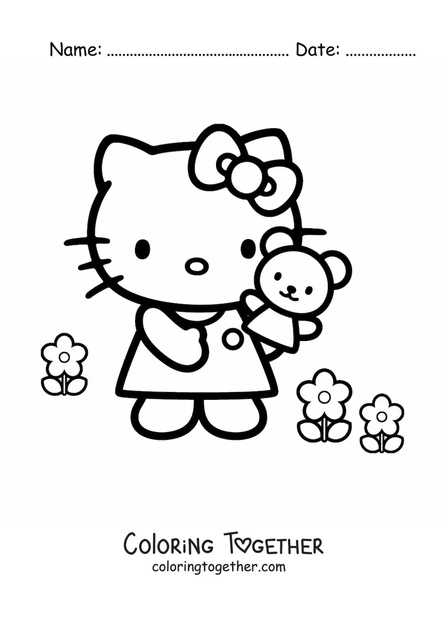 Coloring page of Hello Kitty among flowers holding a teddy bear in her hand